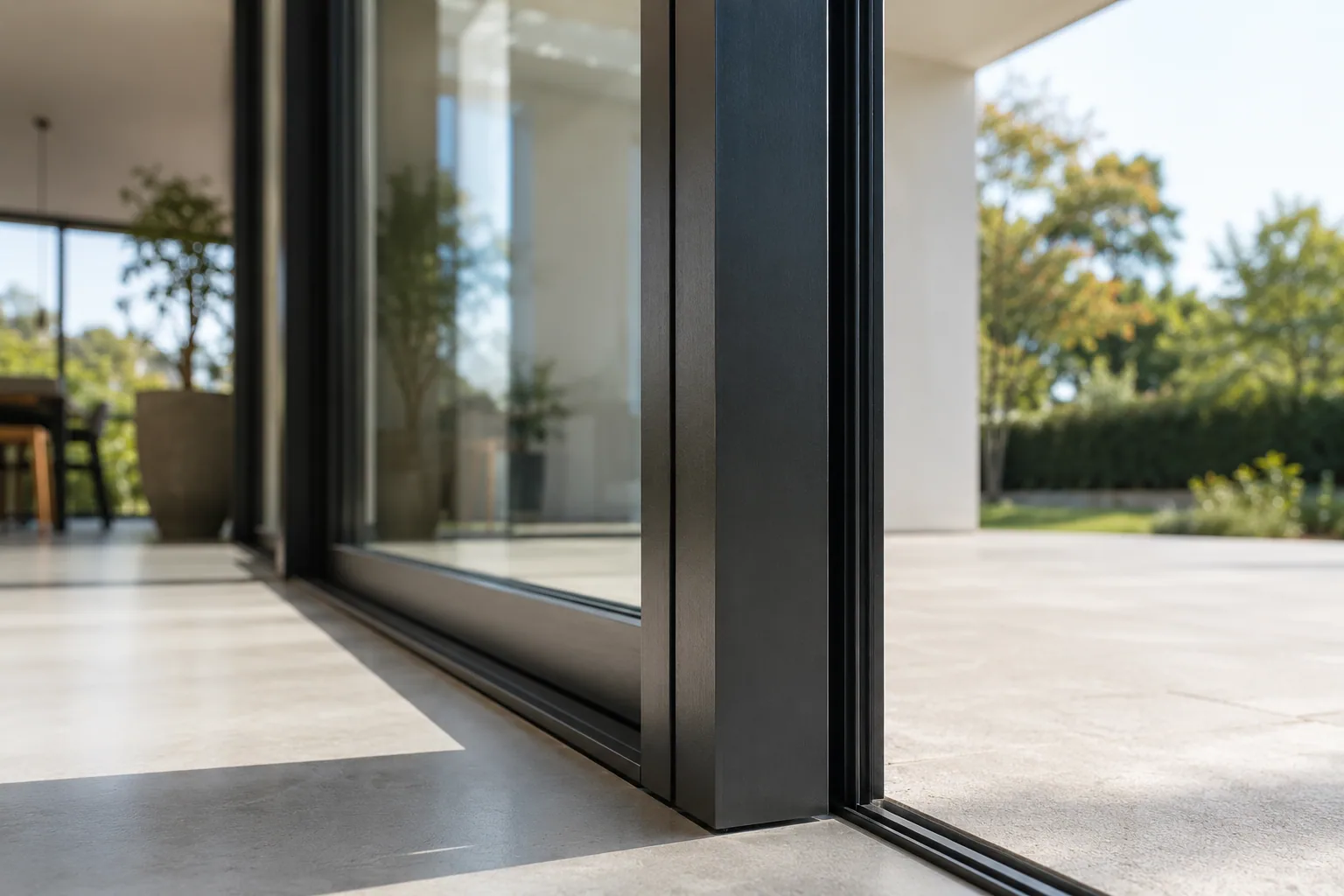 Profilé aluminium fin encadrant une grande vitre, lumière naturelle.