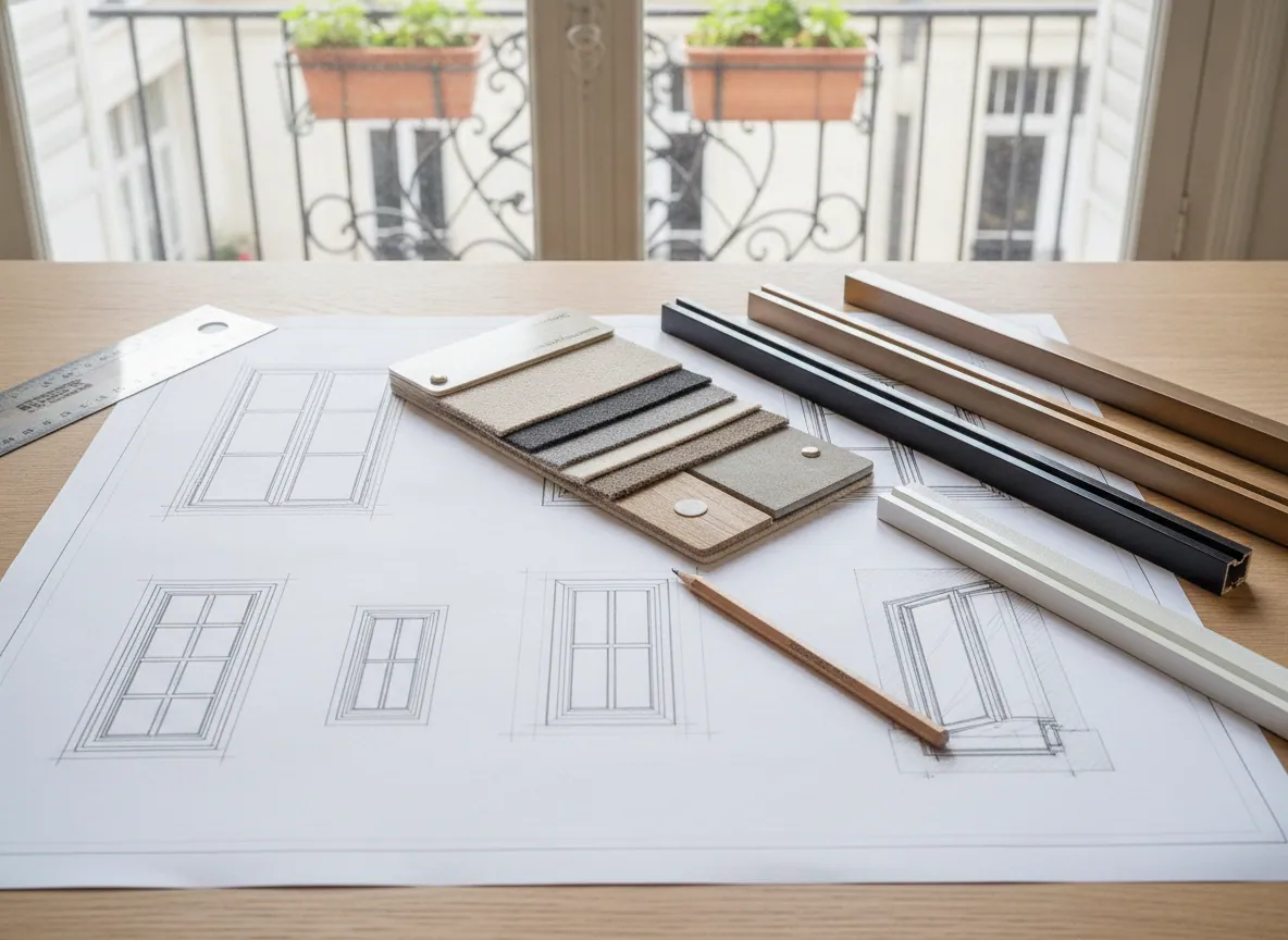 Étude de menuiseries sur plans pour architectes : table de travail, plans, profilés et nuancier RAL.