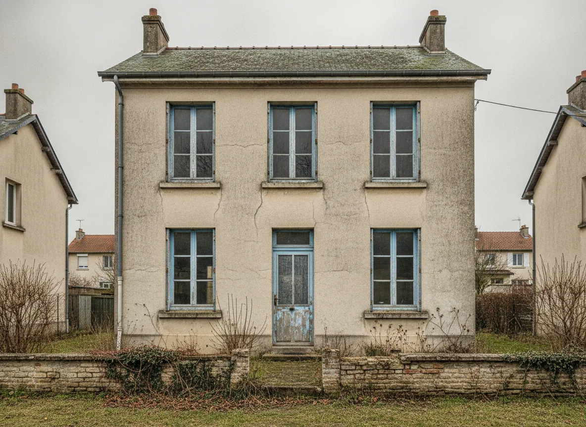 Façade de maison avant rénovation : anciennes fenêtres usées, enduit terne.
