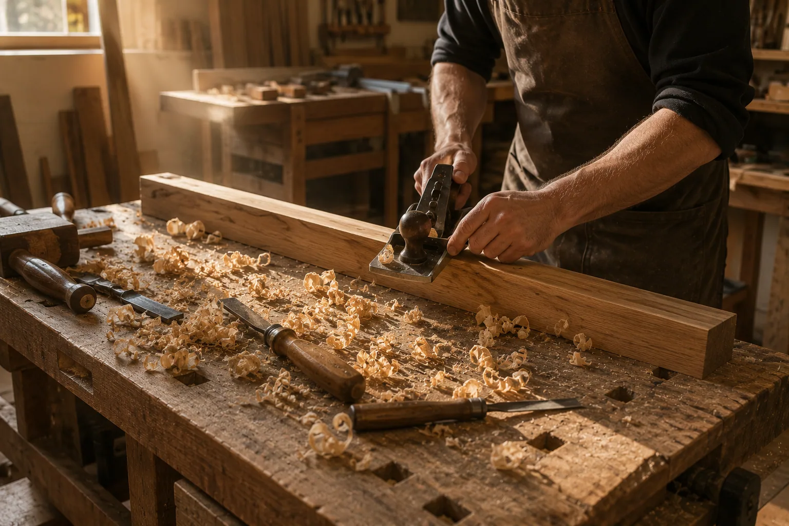 Atelier de menuiserie bois : copeaux, établi en chêne, mains du menuisier.
