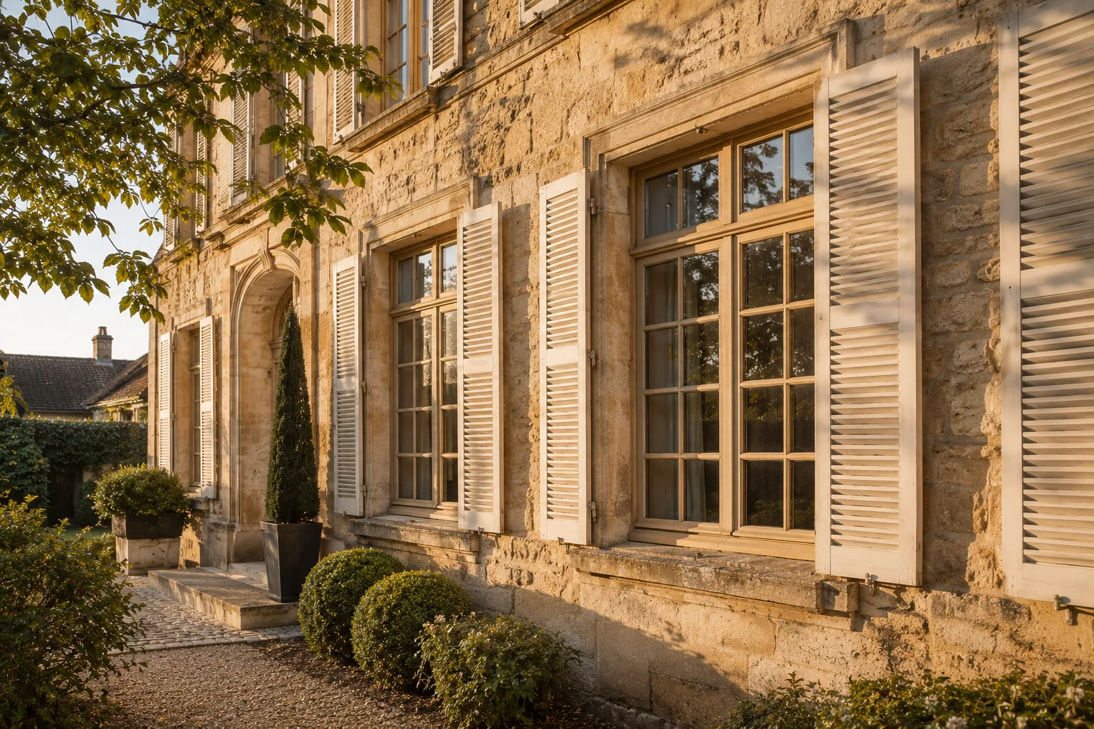 Façade de demeure ancienne avec fenêtres bois à petits-bois, lumière dorée.