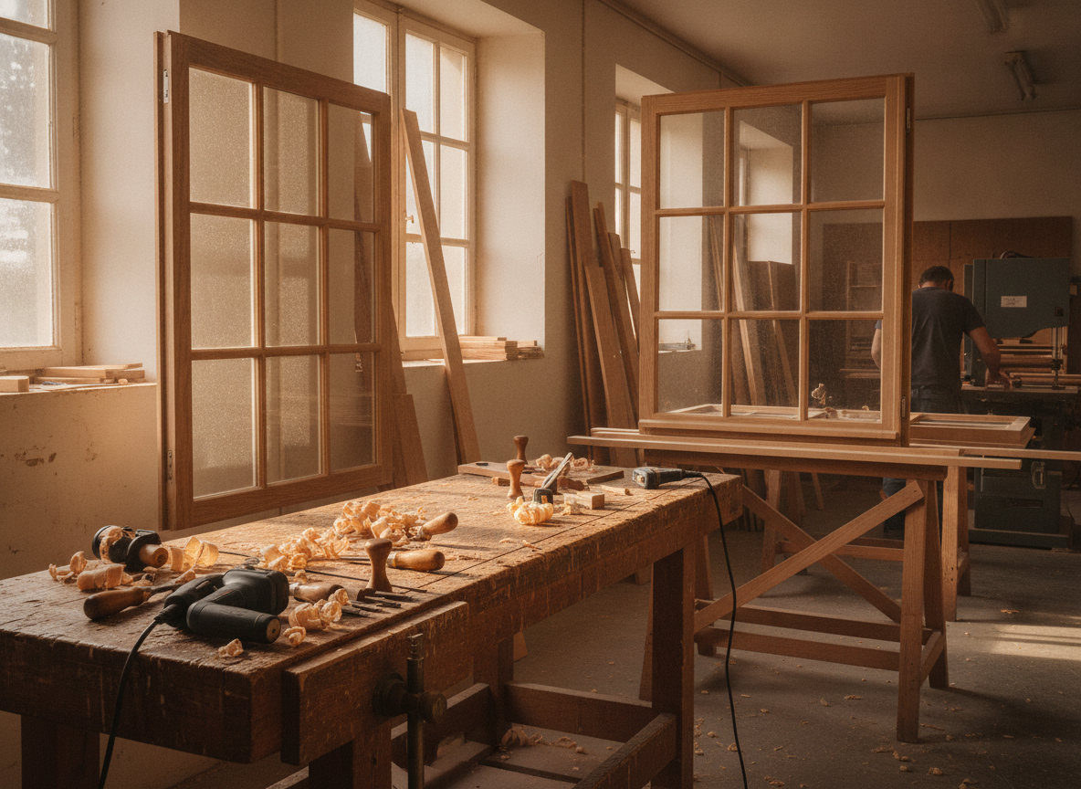 Atelier de menuiserie français, matière et lumière chaude.