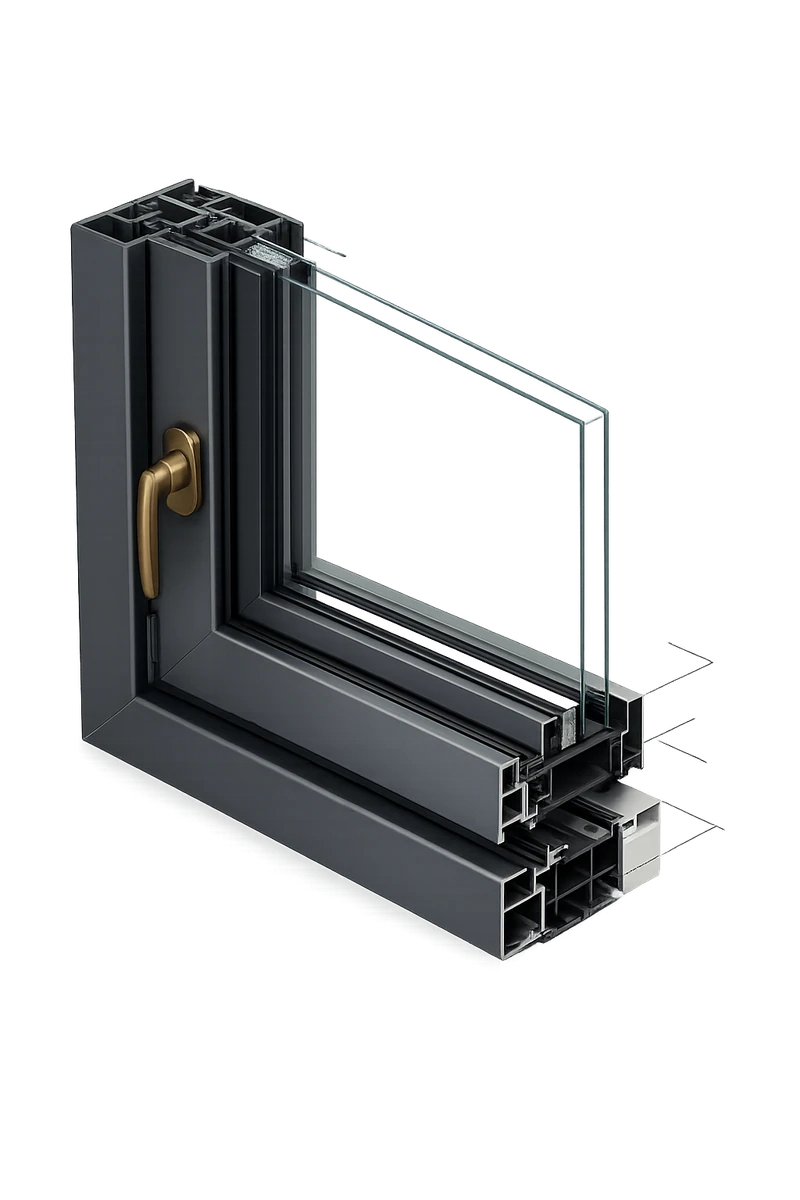 Coupe d’angle 3D éclatée d’une fenêtre aluminium anthracite : profilé à rupture de pont thermique, joints, double vitrage isolant et poignée bronze.