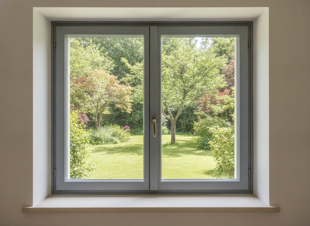 Fenêtre aluminium anthracite à deux vantaux ouvrant à la française, posée dans un mur clair, donnant sur un jardin.