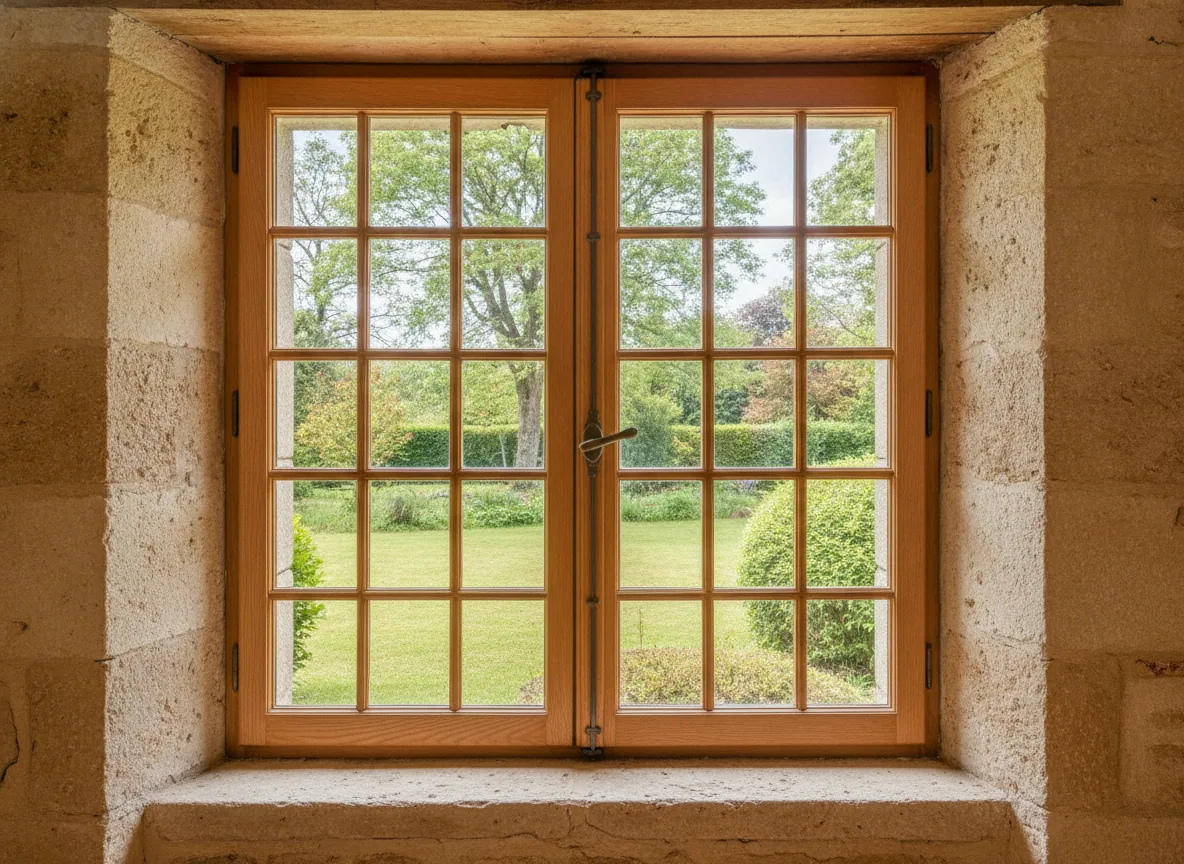 Fenêtre en chêne à deux vantaux et petits-bois, ouvrant à la française, posée dans une embrasure en pierre, donnant sur un jardin.