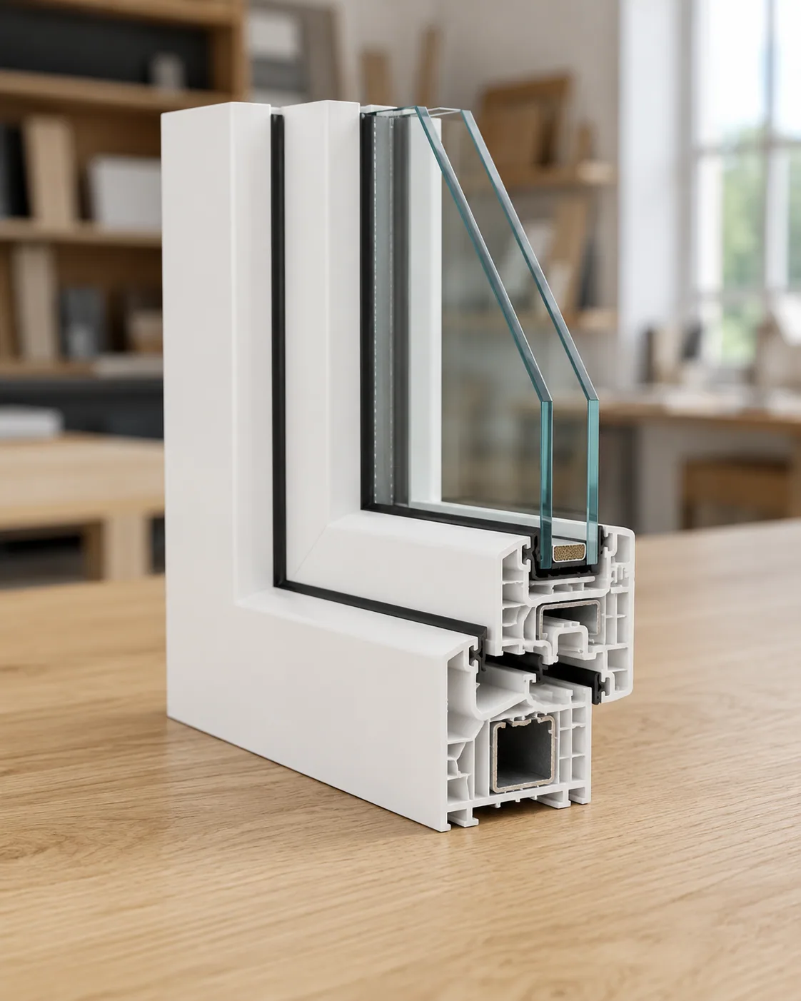 Coupe verticale d’un profilé PVC blanc : chambres multiples, renfort acier et double vitrage.
