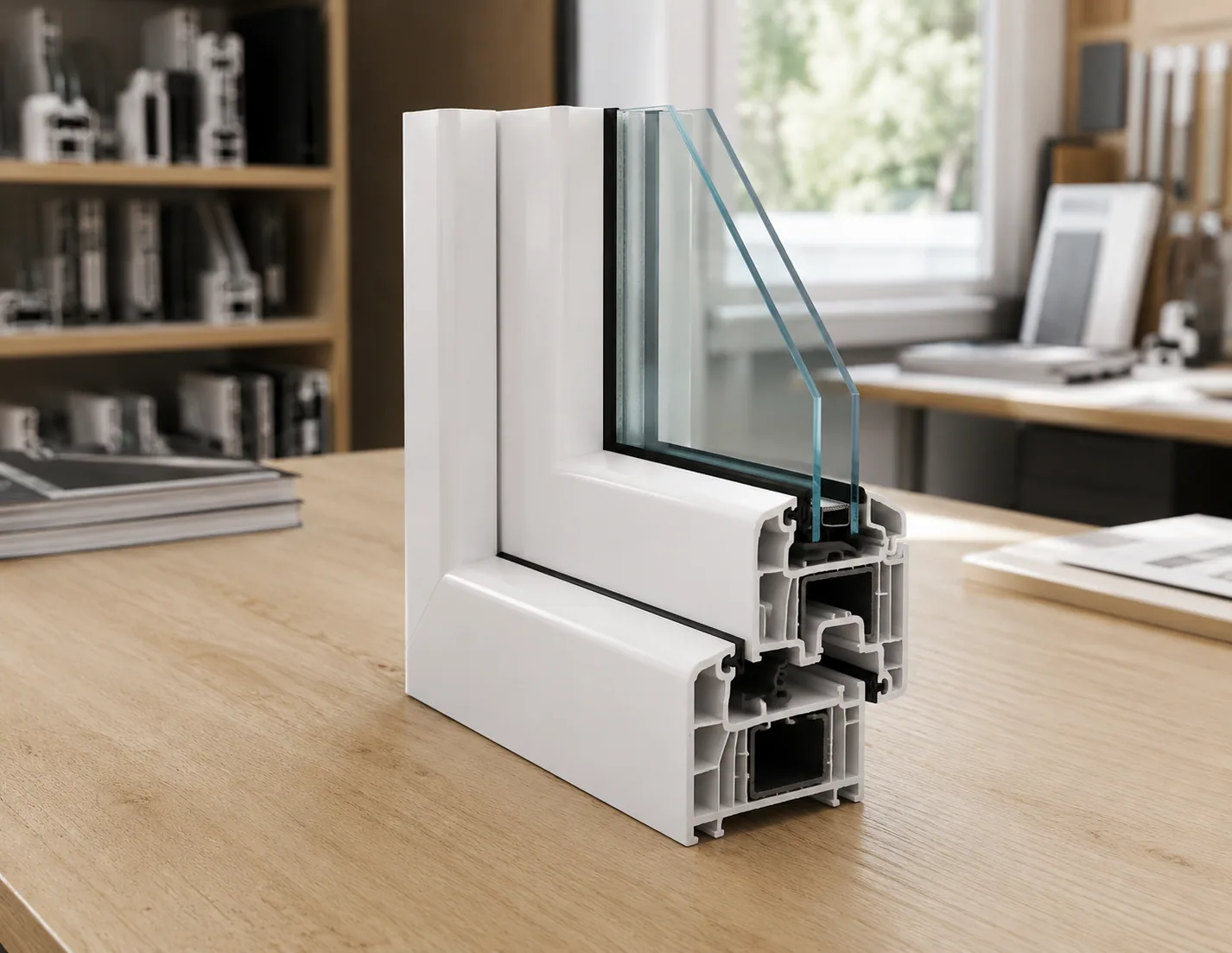Coupe d’angle 3D d’une fenêtre PVC blanche : profilé multi-chambres, renfort acier, joints et double vitrage.