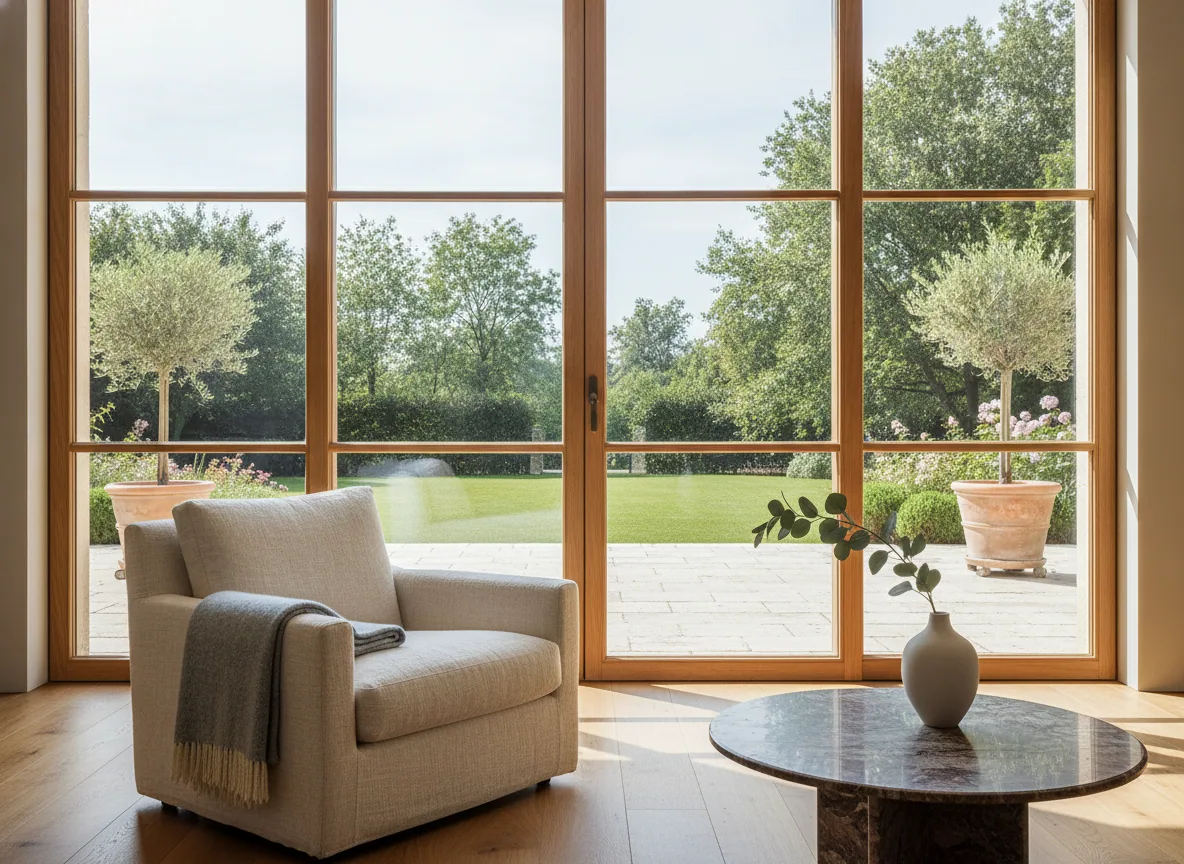 Grande baie vitrée bois à petits-bois sur mesure ouvrant un séjour chaleureux sur un jardin ensoleillé.