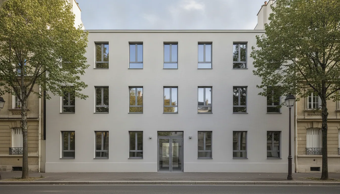 Bâtiment public rénové avec des menuiseries neuves et sobres.